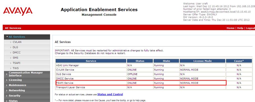 The Application Enablement Services Management Console appears displaying the Welcome to OAM screen (not shown).