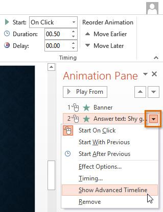 If the timeline is not visible, click the drop-down arrow for an effect, then select Show Advanced Timeline.