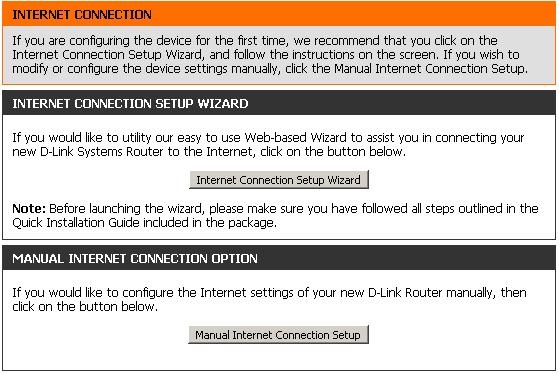 If you did not initially choose to install your router with the Quick Setup Wizard, you can click on Internet Connection Setup Wizard from the Setup > Internet screen.