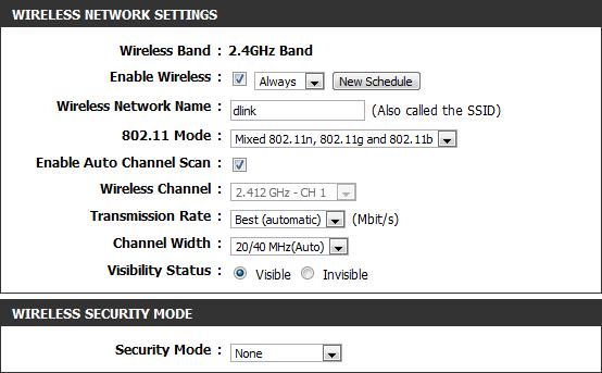 Manual Wireless Settings 802.11n/g (2.4GHz) Enable Wireless: Schedule: Wireless Network Name: 802.