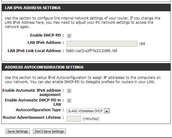 Enable DHCP-PD: LAN IPv6 Address: Check to enable DHCP-PD. Enter the LAN (local) IPv6 address for the router.
