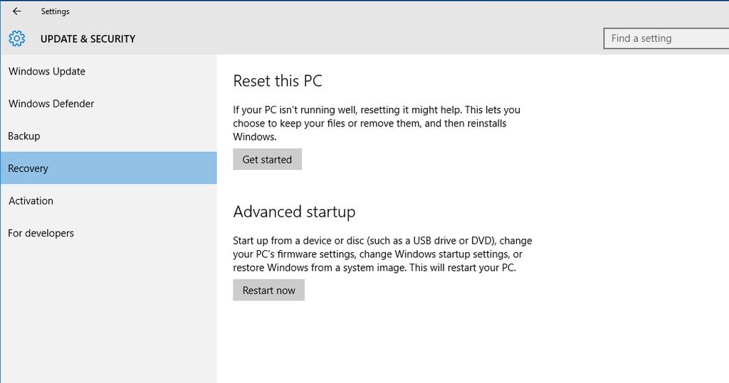 Reset this PC 1. Go to [Start], click [Settings] and select [Update and security]. 2. Select [Recovery] and click [Get started] under [Reset this PC] to start the system recovery. 3-8 3.