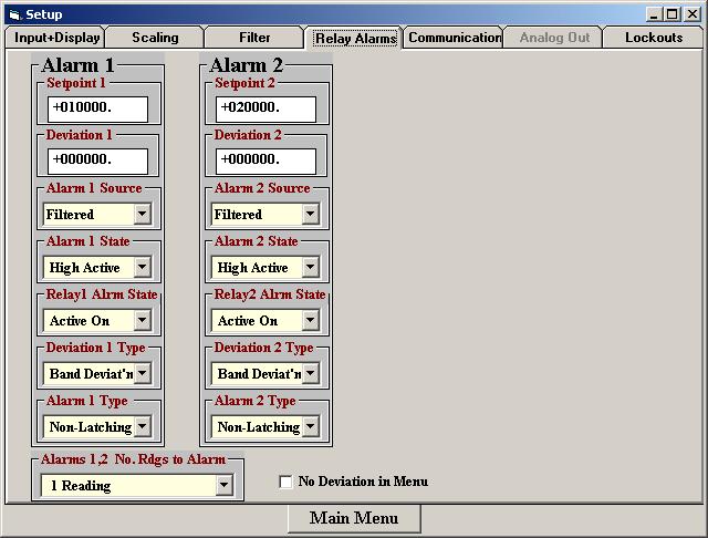 You will find that Instrument Setup software is very user friendly, with separate tabselectable windows for Input+Display, Scaling, Filter, Relay Alarms, Communications, Analog Out, and Lockouts.