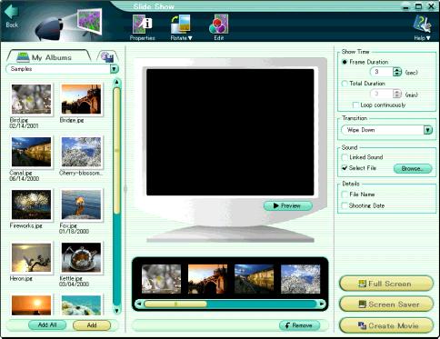 Watching a Slide Show Using the whole screen With this software you can view a set of images as a slide show. Use the following procedure to view a slide show.