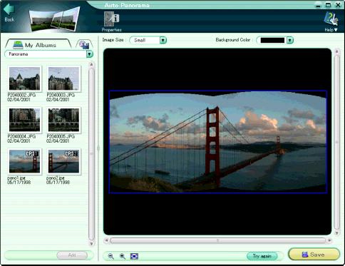 6 Click the [Stitch] button. This joins the separate images in the panorama stitching box into a single image.