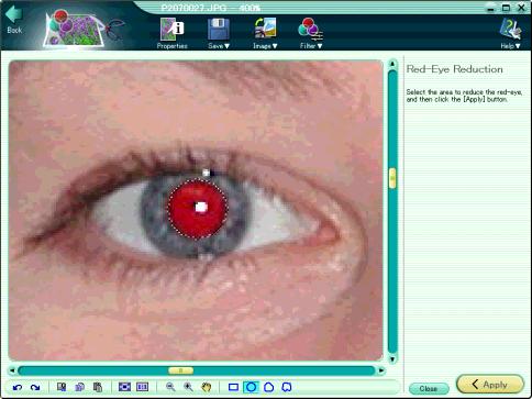 To apply red-eye reduction 1 Click the tool button [Filter] and select [Red-Eye Reduction]. The edit setting panel now shows the [Red-Eye Reduction] dialog box.