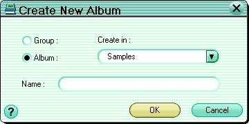 Creating a Group or Album When the album window is showing the album display, to view images, or play sound, the corresponding files must be stored in albums.