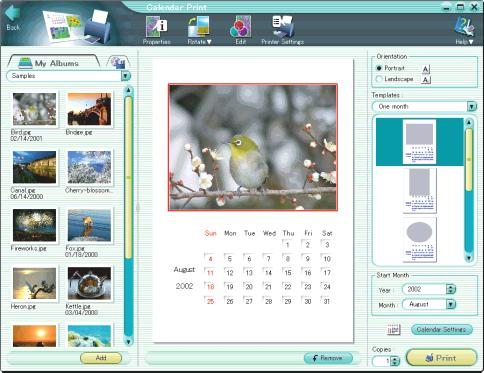 Creating and Printing a Calendar Thumbnails 2 Rotate button 4 Edit button 3 Calendars created here cannot be saved. 4 Remove button 7 8 6 1 Do one of the following.
