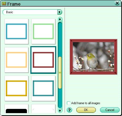 4 Select an album template. To add a frame 1) Click the [Frame] button. The [Frame] dialog box appears. 2) Select the frame collection. 3) Select the frame.