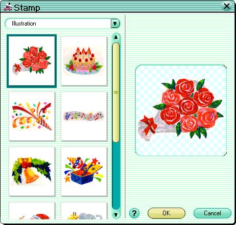 To add a stamp 1) Click the [Stamp] button. The [Stamp] dialog box appears. 2) Select the stamp collection. 3) Select the stamp. 4) Click the [OK] button.