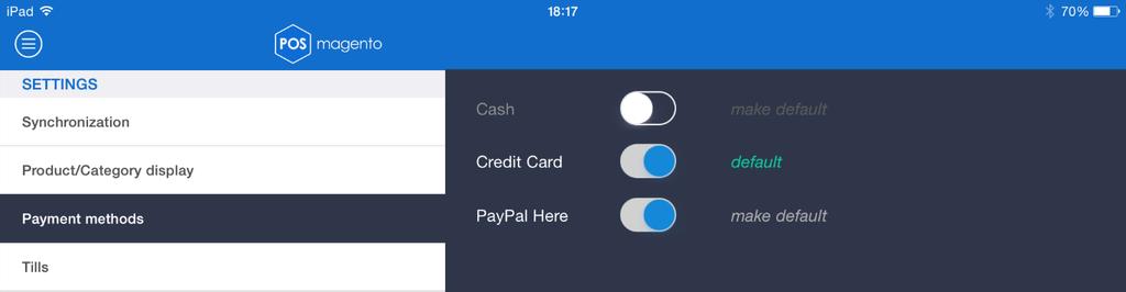 Click Setting In the settings screen it is possible to adjust synchronization, display page, payment methods, and set the till for the POS.