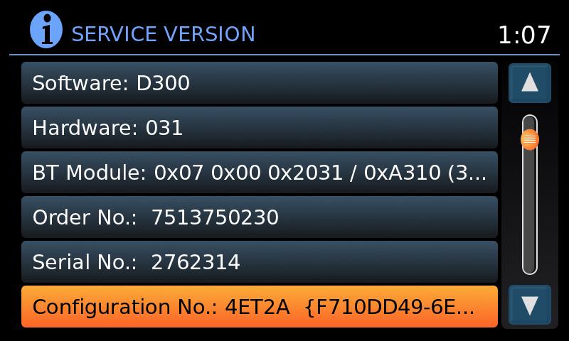 Configuration Version screen in Service Test Mode Unit serial label on top of unit New service parts must be configured appropriately for the vehicle they are fitted to using Consult