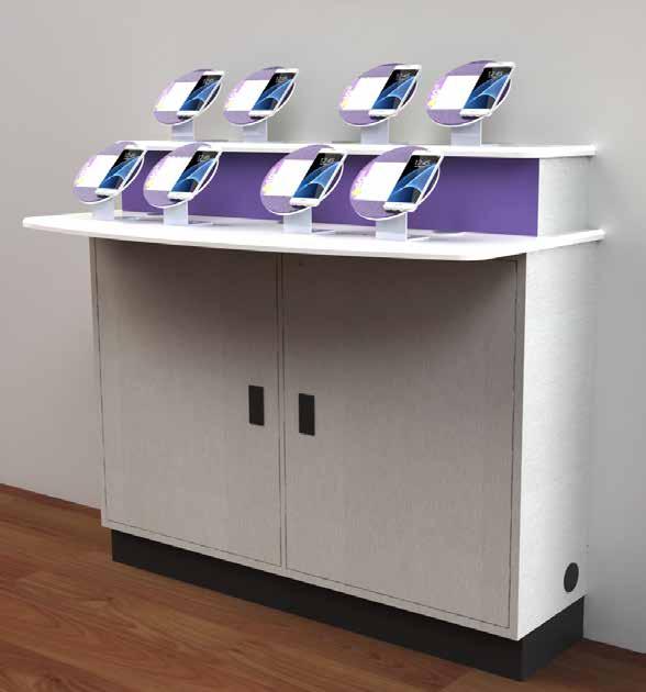2 Tiered Cabinet Merchandise up to 8 live or dummy phones Space saving wall cabinet High quality counter tops with a solid surface look Flex groove merchandising system