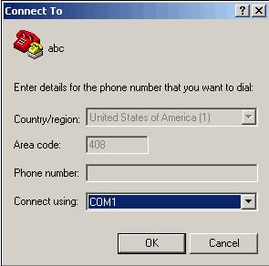 3 In the Connect To dialog box, select COM1 from the Connect using drop-down list and click OK.
