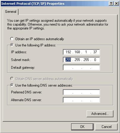 4 In the Internet Protocol (TCP/IP) Properties dialog box, enter these settings: IP address: 192.168.