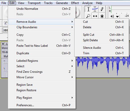The Edit Menu 1. Basic editing consists of clicking and dragging to select the audio that you want to modify. 2. Select an option from the Edit menu.