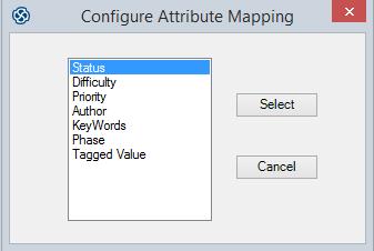 Mapping' dialog, which provides a list of Enterprise Architect properties that can be mapped to the DOORS property. Click on a property and on the Select button to map it to the DOORS property.