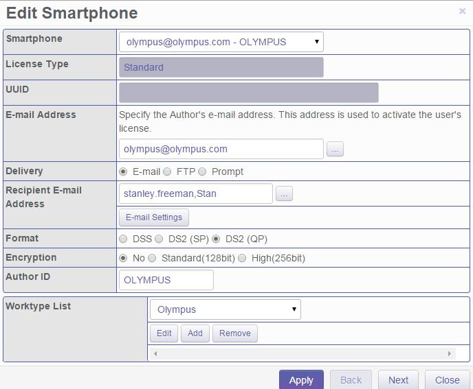In the Smartphone List select an assigned licence from the list of Standard Licenses by checking the box next to the license.
