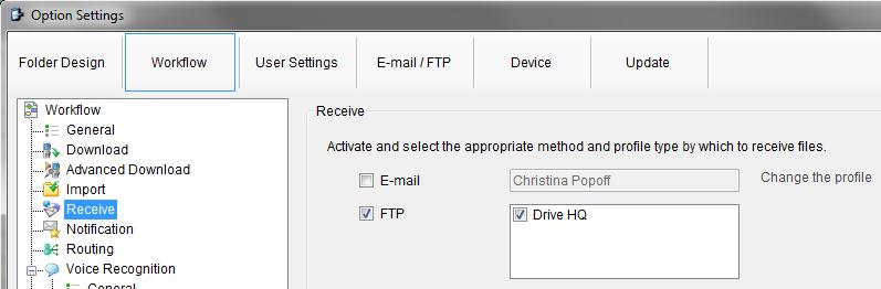 Select the [Workflow] Tab and choose Receive from the left pane. Check the box to choose your desired protocol to receive dictations.
