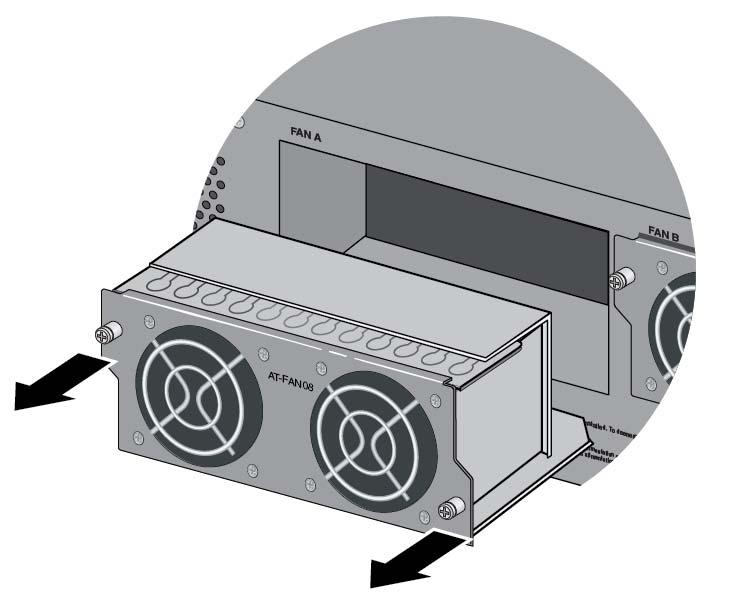 AT-SBx908 Gen2 Switch Installation Guide Figure 112. Disconnecting the AT-FAN08 Module from the Chassis 3. Continue with the next procedure to install a new AT-FAN08 Module.