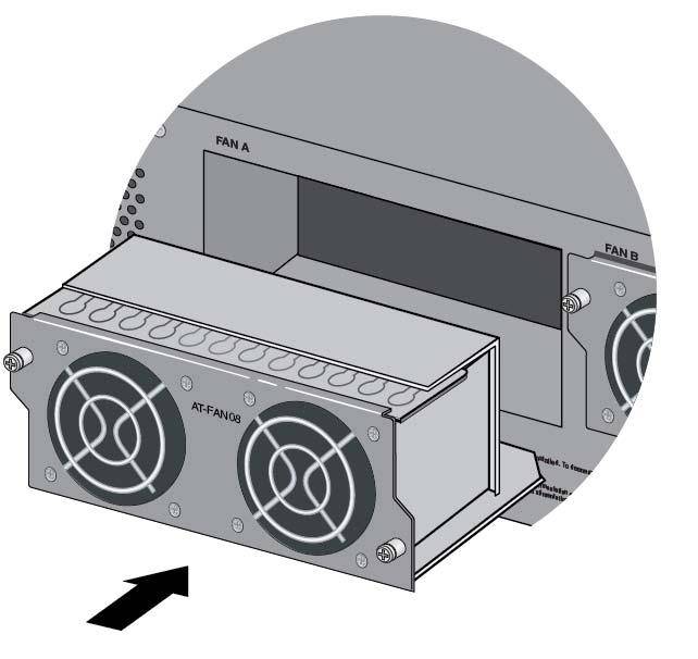 Chapter 6: Replacing Modules Figure 113. Aligning the AT-FAN08 Module in the Chassis Slot 2.