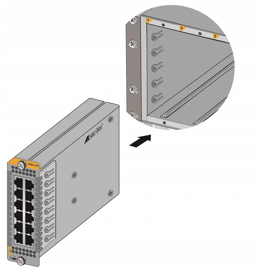 AT-SBx908 Gen2 Switch Installation Guide Notch Bottom Flange Figure 38. Sliding the Ethernet Line Card into the Slot Caution Do not force the card into the slot.
