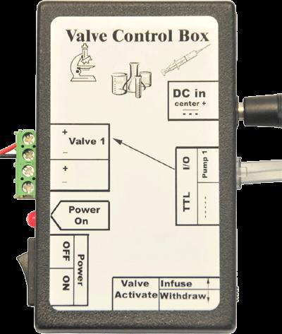 15 Valve Control Boxes Single Valve Control Box Attach your 12V DC valve and the control box will open or close your valve according to the pumping direction Utilizes the TTL logic port on syringe