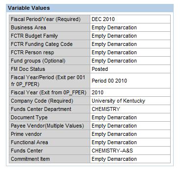 available in the Variable for Ad Hoc Report screen The values you selected are listed for