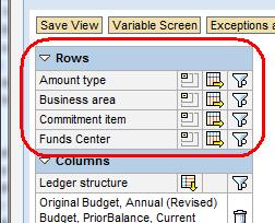 Using the Navigation Pane Specifies fields shown in rows in the view of the report Rows Specifies fields