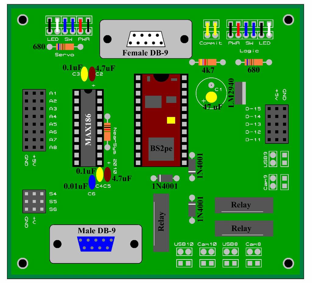 The Servo Port is a 3 by 3 male header. The pin arrangement of the port matches typical model airplane servos. A separate power supply is provided for the servos (4.