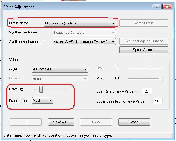 Optional JAWS Voice Adjustment Settings Braille Requirements and Testing Prior to launching the secure browser, you can adjust JAWS voice settings for students based on their individual needs.
