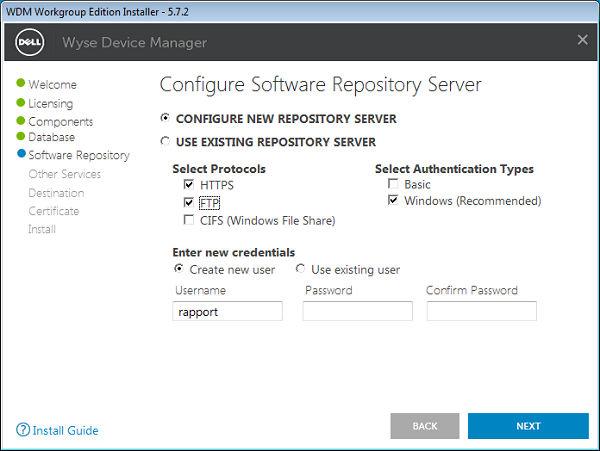 Figure 7. Configure Software Repository Server Screen 10. Enter the authentication details for the Software Repository: a.
