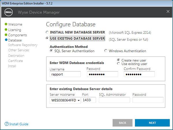 Figure 28. Existing Database Screen 9. If you have selected the second option in step 7, then provide the following details: a.