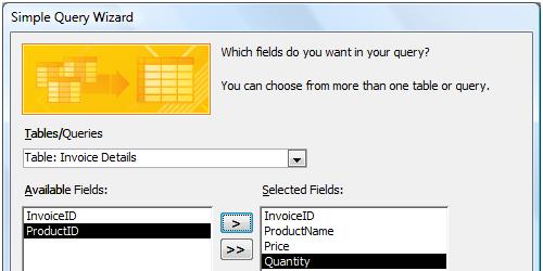 InvoiceDetails table and add Quantity to the Selected Fields