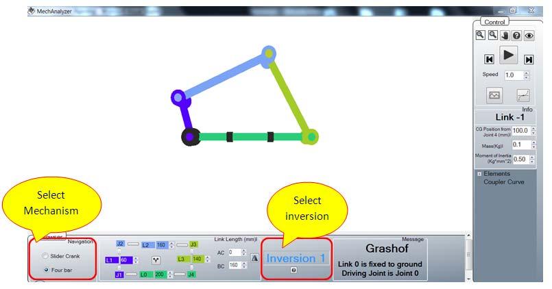 Figure 1: Select Mechanism Model and it s corresponding inversion. 2.2. FEATURES OF MECHANALYZER MechAnalyzer can be used to perform kinematic and dynamic analyses of linkage mechanisms.