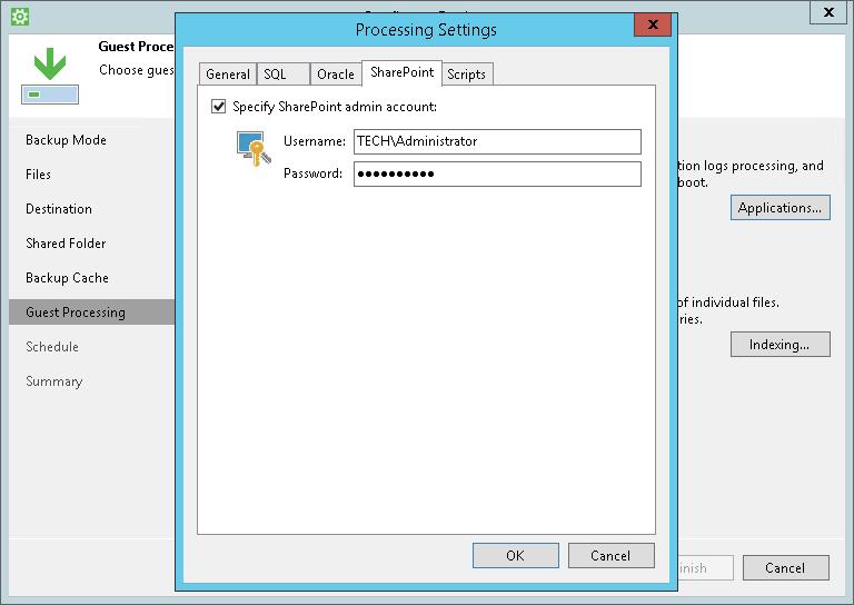 Microsoft SharePoint Account Settings If you back up Microsoft SharePoint, you must specify a user account that has enough permissions on the application: 1.