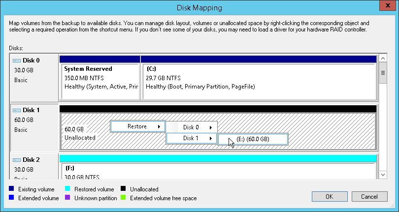 Right-click unallocated disk space in the disk area on the right and select what volume from the backup you want to place on this computer disk.