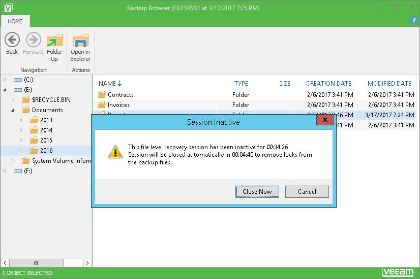 Closing Veeam Backup Browser You can browse restored files and folders only while the Veeam Backup browser is open.