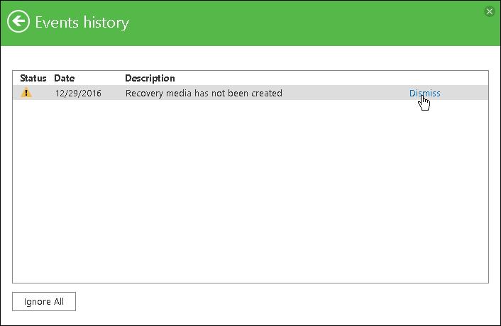 You can get detailed information about events and dismiss events not to get alerted of them in future. Veeam Agent for Microsoft Windows displays only the latest event in the notification bar.