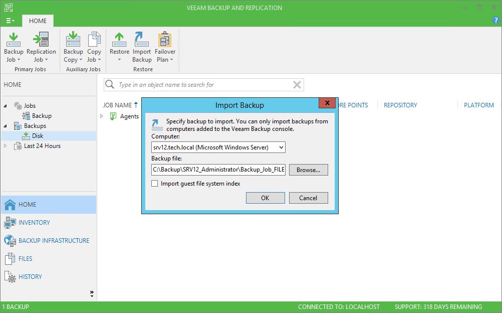To import a Veeam Agent backup: 1. In Veeam Backup & Replication, click Import Backup on the Home tab. 2.