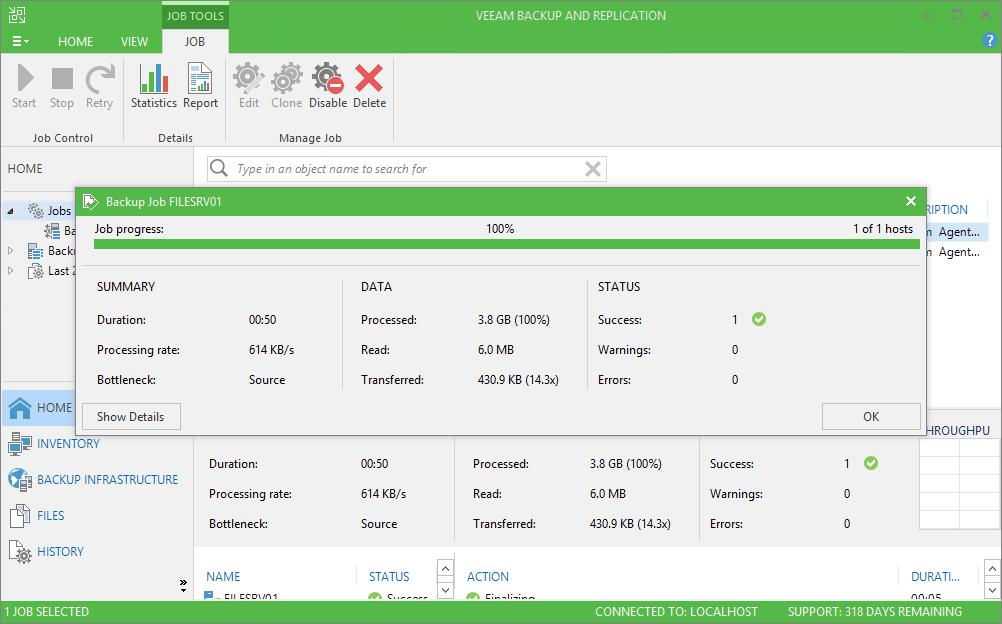 Viewing Veeam Agent Backup Job Statistics You can view statistics about Veeam Agent backup jobs in the Veeam Backup & Replication console.