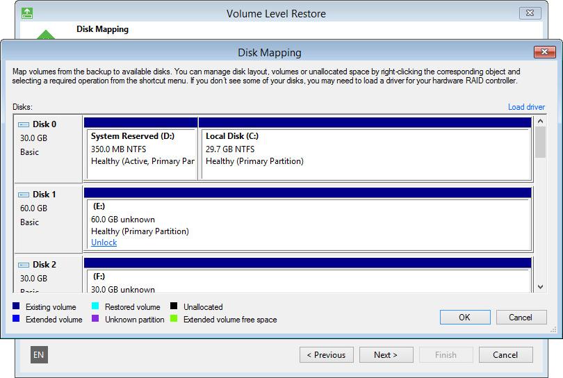 If the target volume is BitLocker encrypted and locked, at the Restore Mode step of the wizard, Veeam Agent for Microsoft Windows displays a warning informing about it.