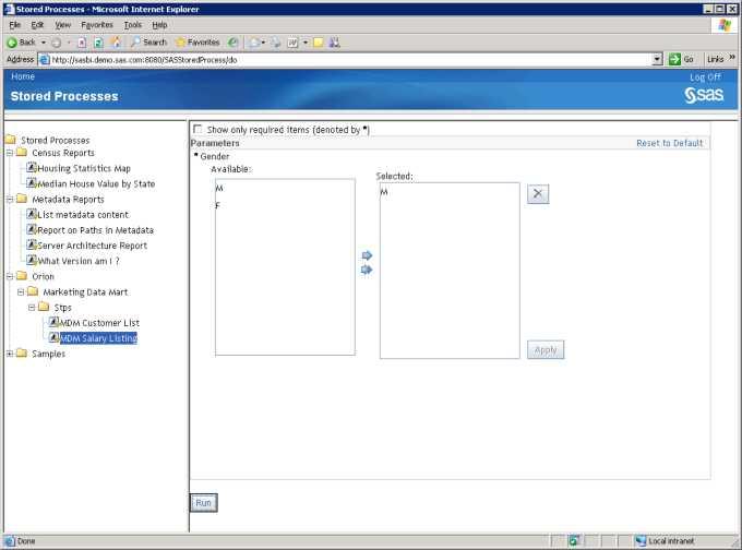 134 Chapter 6 Validating Your SAS Migrated Deployment 5. Select a stored process, and in the right pane, select Run.