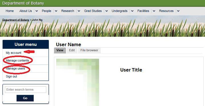 Logging in provides access to the User Menu (found in the left sidebar), which serves as starting point for performing site updates.