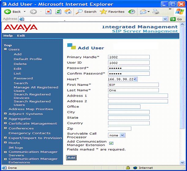 Figure 70: Domestic Primary Avaya Aura SIP Enablement Services Server - Add User 7. Click the Add button.