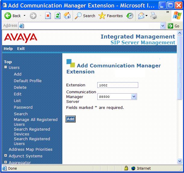 Figure 71: Domestic Primary Avaya Aura SIP Enablement Services Server - Add Communication Manager Extension The SIP phone handle must now be associated with the corresponding extension on Avaya Aura