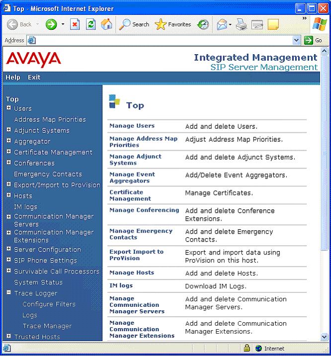 Figure 74: Avaya Aura SIP Enablement Services Top Screen 4.