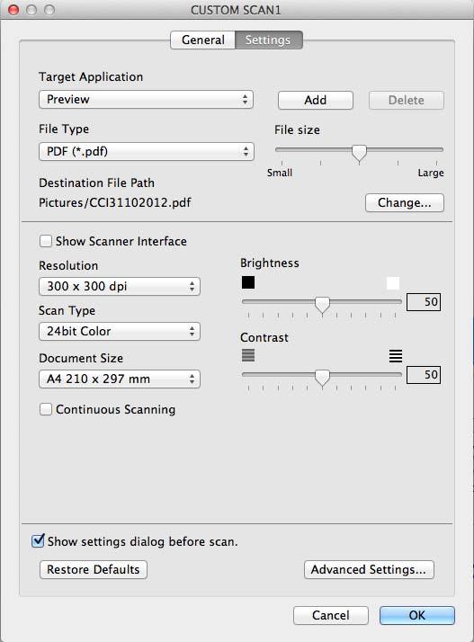 ControlCenter2 Settings tab Choose the Target Application, File Type, Resolution, Scan Type, Document Size, Continuous Scanning, Show Scanner Interface, Brightness and Contrast settings.