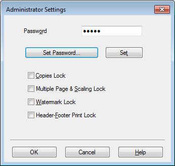 Printing Administrator 1 Administrators have the authority to limit access to functions such as Scaling and Watermark. 1 Password Enter the password into this box. Click Set Password.