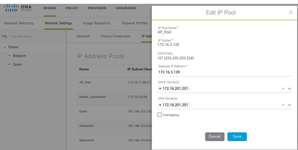 When complete, the DNAC IP Address Pools for clients and AP should look very similar to the